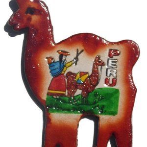 Cuzco Peru leather llama magnet  handpainted